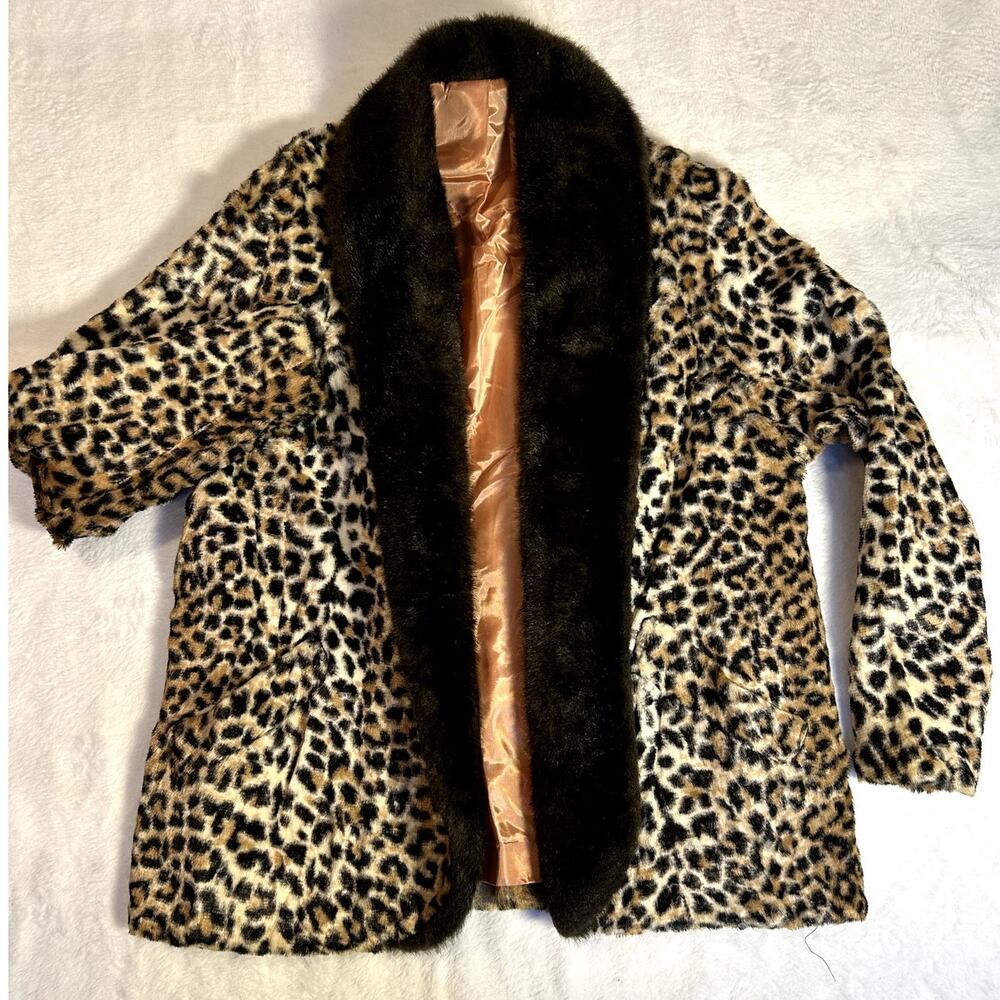 VTG 60s Womens Faux Fur Open Swing Leopard Cheetah Fur Coat size M
